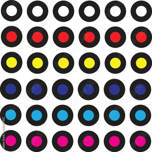 Minimalist vector illustration featuring multiple rows of colorful circular rings arranged in a precise grid pattern isolated on transparent background