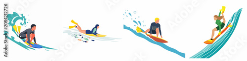 Foto Set of flat vector illustrations depicting people bodyboarding and surfing on ocean waves, isolated on a white background for summer sports and leisure concepts