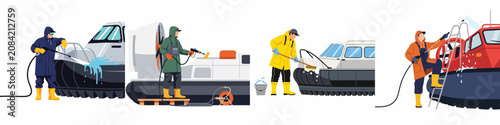 Photos Set of flat vector illustrations depicting professional workers in waterproof gear cleaning and maintaining various hovercraft models with specialized equipment