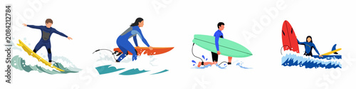 Canvas Print Set of flat vector illustrations featuring diverse men and women surfing and carrying surfboards in ocean waves, isolated on a white background
