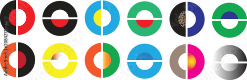 Set of abstract circular logo icons featuring vibrant geometric shapes and colorful patterns presented as a flat vector on transparent background.