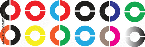 Colorful circular ring icons featuring split dual tone geometric shapes arranged in a clean modern vector graphic on transparent background