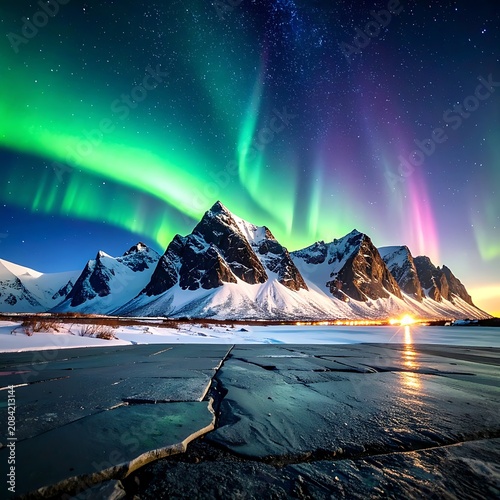 Aurora borealis over snowy mountain landscape.