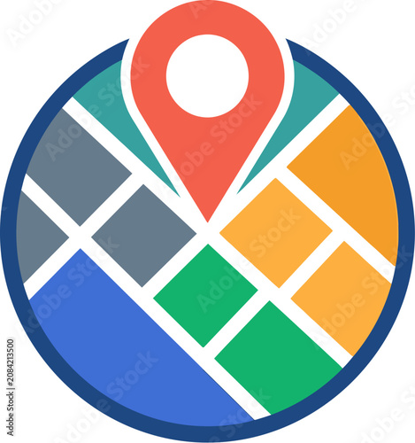 Location marker sits atop a colorful abstract map grid to signify a specific point of interest or destination.