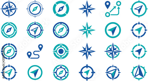 Compass icons and navigation markers are arranged in a collection of flat vector symbols for orientation.