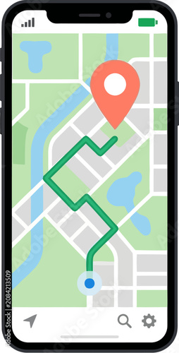 Smartphone displays a digital navigation map with a highlighted route and a location pin icon on the screen.