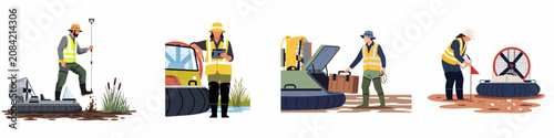Cuadro en lienzo Professional environmental surveyors and field researchers using hovercrafts to conduct work in marshy wetlands and muddy terrains, wearing high-visibility safety gear