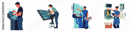 Fotografie Set of flat vector illustrations depicting maritime professionals using advanced technology for navigation, underwater mapping, and oceanographic research