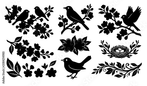 Black Bird Silhouettes and Spring Tree Blossom Graphic Elements Vector Clipart Set for Laser Cutting Stencils Vinyl Decals and Invitation Card Designs