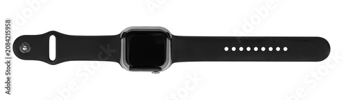 Canvas Print Modern black smartwatch with silicone strap isolated on white background