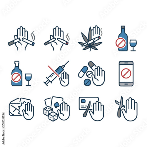 Fotografía A set of icons representing various bad habits and addictions