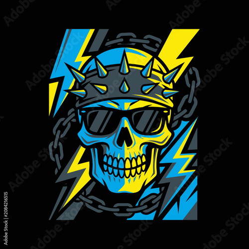 Graphic skull wearing cool sunglasses and a spiked headpiece