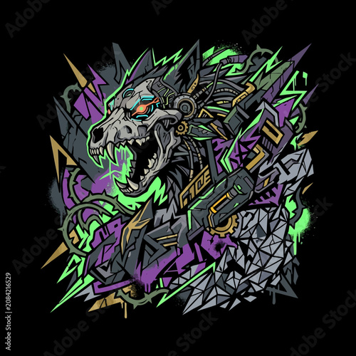 Aggressive cybernetic animal skull with abstract geometric elements