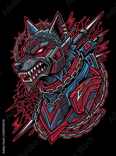 A fierce cybernetic wolf head illustration with chains and barbed wire