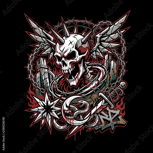 Stylized skull with horns, wings and chains on dark background