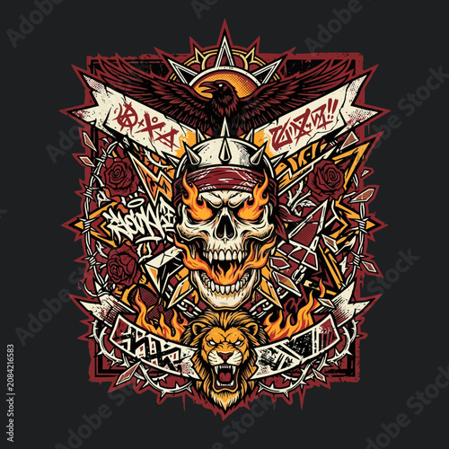 A fierce flaming skull illustration with a raven and roaring lion