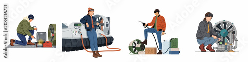 Fotografie Illustrations of male and female technicians performing maintenance, refueling, and inspections on hovercraft vehicles in a professional industrial environment