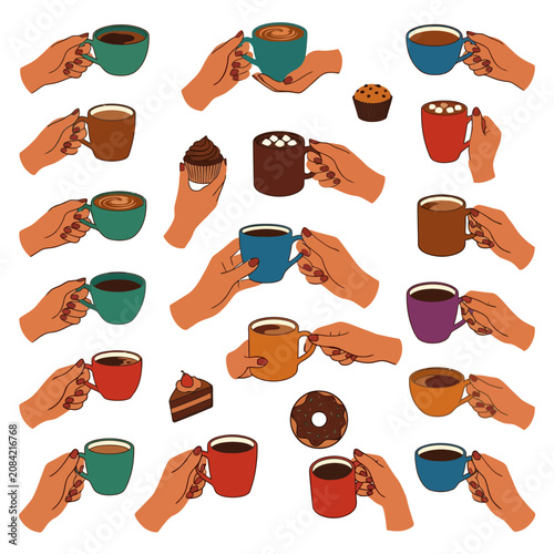 Illustration of hands holding colorful coffee cups and desserts