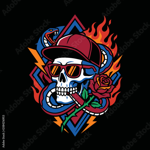 Cool skull wearing a cap and sunglasses with a rose