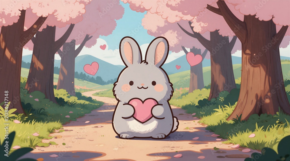 Fototapeta premium Fluffy bunny holds pink heart in blossom forest. Gentle creature sits on dirt path amid trees mountains. Pastel colours create peaceful spring scene. Sweet animal radiates love nature.