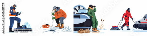 Tableau sur toile Set of illustrations featuring polar explorers and scientists conducting research and transportation using hovercrafts and specialized equipment in extreme Arctic conditions