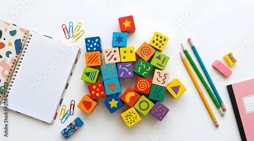 Colorful wooden blocks with creative school stationery notebook and pencils on white background lay