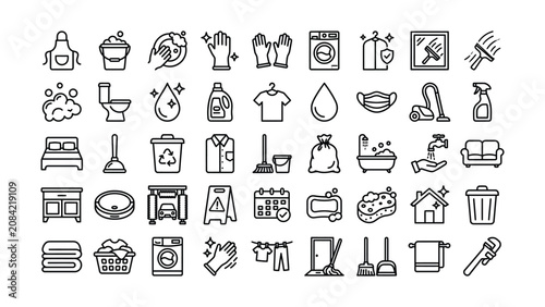 Collection of various cleaning and household icons in a line art style on a transparent background for design and decoration purposes