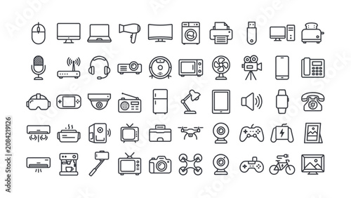 Collection of various technology and media icons on white background for design and communication purposes  modern tech symbols
