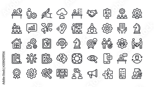 Set of black line icons representing business communication teamwork strategy and management on white background