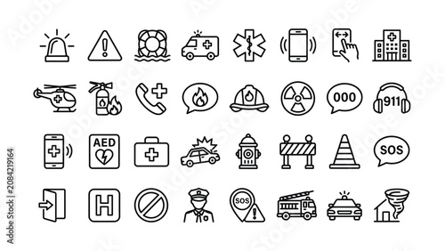 Emergency service icons set including ambulance firefighter police rescue and medical help symbols for various emergency situations and responses