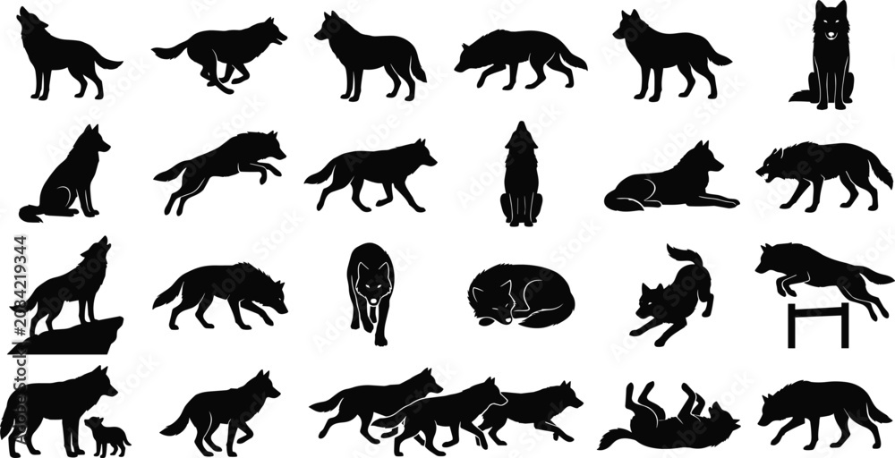 Fototapeta premium Wolf Silhouettes Set: Wolf Pack in Various Poses, Howling, Running, Hunting, and Sitting Vector Illustration