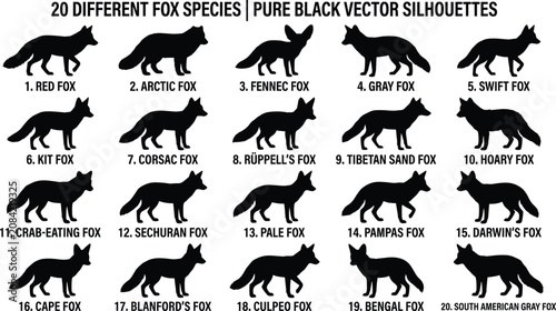 Foto Fox Species Silhouette Set: 20 Different Foxes Including Red Fox, Arctic Fox, an