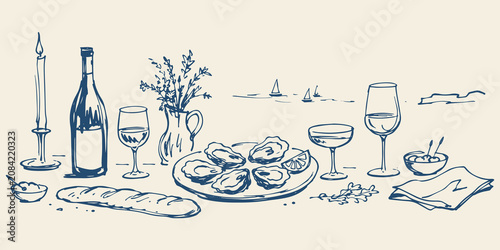 Canvas Print Oyster Dinner Table Hand Drawn Vector Illustration