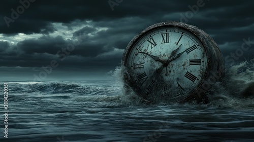Time's relentless march, a clock submerged in a stormy sea, symbolizes the passage of time and the inevitability of change.
