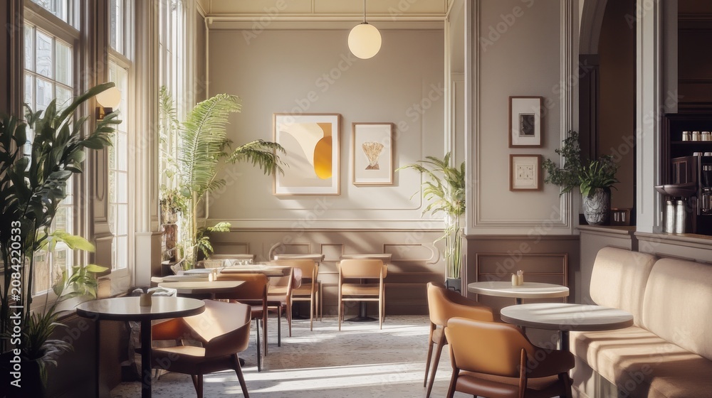 Fototapeta premium Sunlit Cafe Interior Design: Elegant Space with Natural Light and Plants