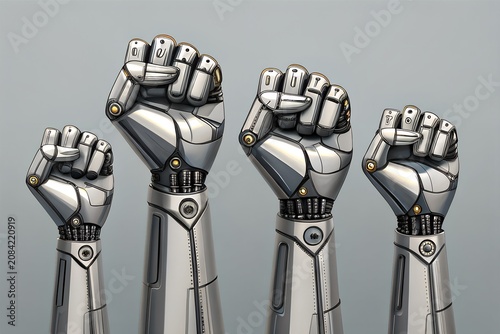 Shiny metallic robotic hands raised high in a powerful clenched fist gesture representing strength and advanced technology in this detailed high resolution digital art illustration piece