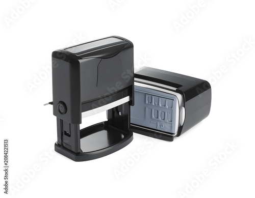 Black self-inking rubber stamp mockup isolated on a white background.