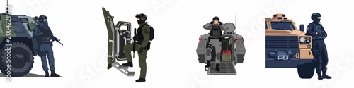 Cuadro en lienzo Flat vector illustrations of soldiers in tactical gear posing with various armored military and police vehicles on a white background