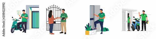 Fotografie Set of flat vector illustrations depicting online delivery and courier service personnel interacting with customers at their doorsteps