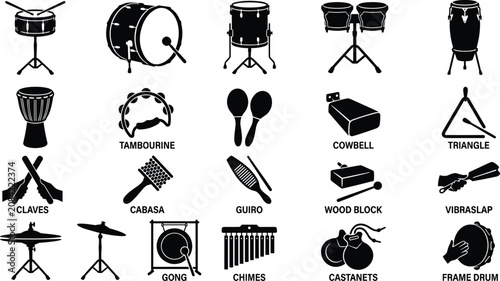Obraz na plátně Percussion Musical Instruments Vector Icon Set