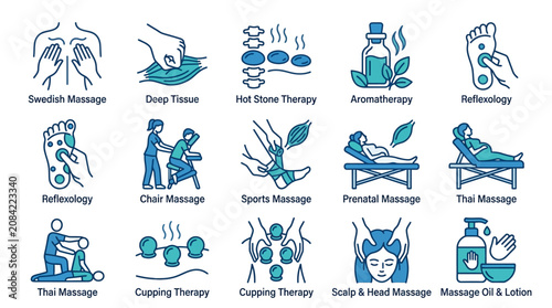 A collection of various professional bodywork and wellness therapy icons