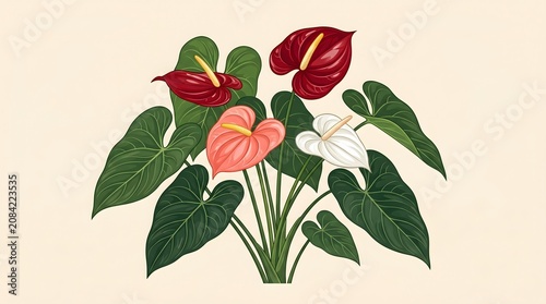 Botanical Illustration of Tropical Anthurium Plant with Colorful Red Pink and White Spadix Flowers and Deep Green Foliage