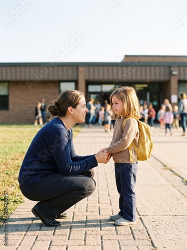 Mother Comforting Emotional Child Before First Day of School Outside Elementary School. copy space