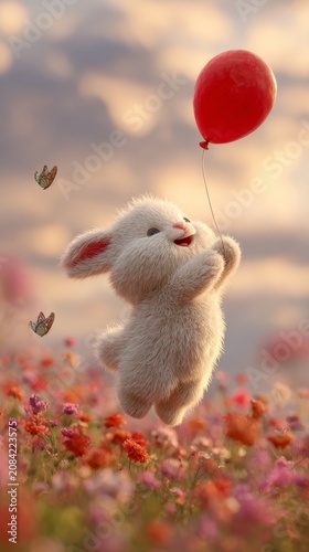 Fluffy white bunny holding a red balloon, floating above a field of colorful flowers with butterflies