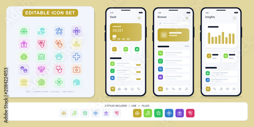 Photos Pet care app ui ux screens for vault browse and insights with editable line and filled animal icons for veterinary services