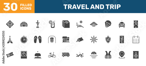 travel and trip icon set with bus stop, igloo, christ, booking signs in filled style. solid icons for ui, web and printing