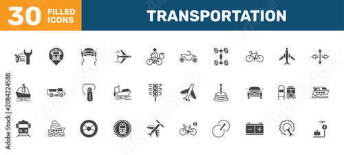 Fotografie transportation icon set with car repair, tram stop, stability, airport checking signs in filled style