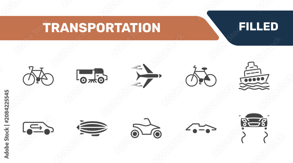 Obraz premium transportation icon set with bikes, road sweeper, airplane flying, stability signs in filled style. solid icons for ui, web and printing