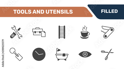 Foto tools and utensils icon set with reparation, briefcase and document, hanging ladder, open scissors signs in filled style