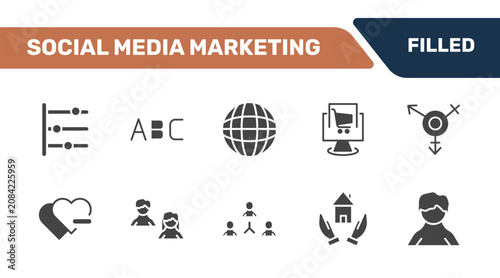 social media marketing icon set with timeline, letters, net, user avatar signs in filled style. solid icons for ui, web and printing